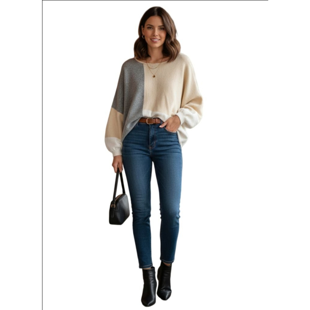 Women's VICI Colorblock Crew Neck Sweater M Beige Gray